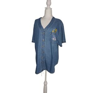 Looney Tunes Denim Shirt Dress Embroidered Cartoon Button Up 20W